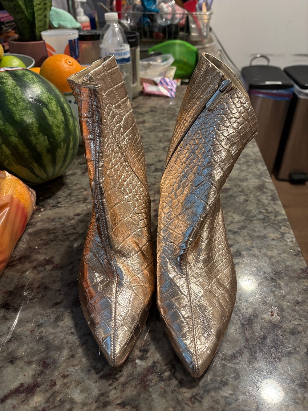 Sam Edelman Metallic Croc-Embossed Pointed Toe Ankle Boots - Gold